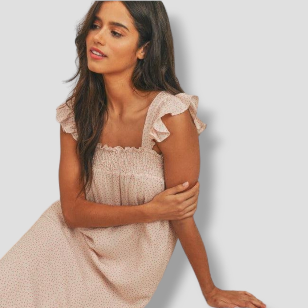 SADIE & SAGE Lady Laranja Polkadot Boho Cottage Dress Cream Peach
